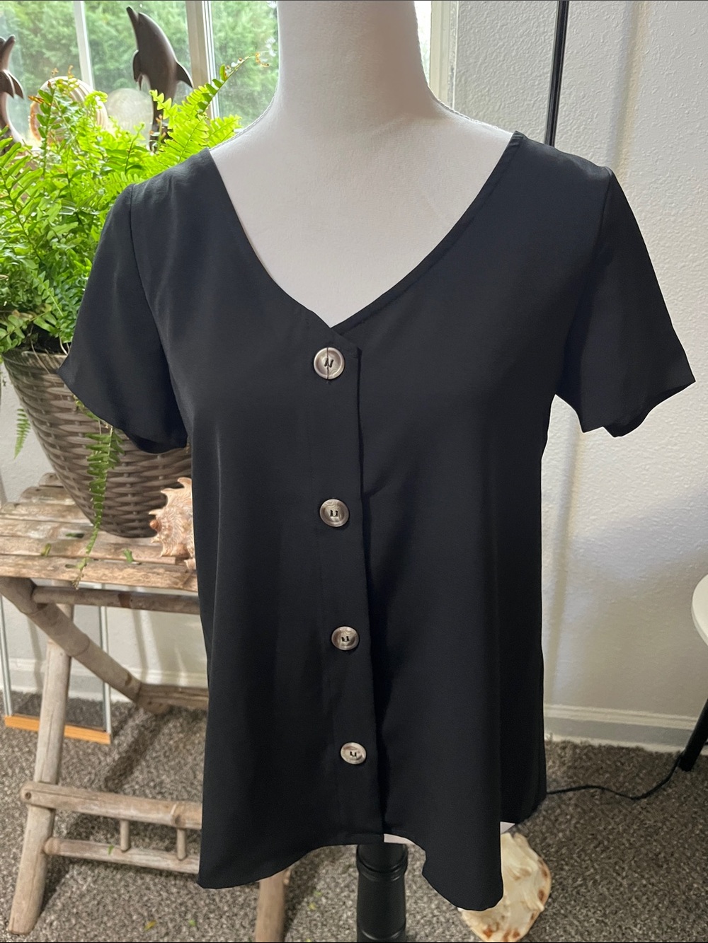 Black V-Neck Button Front Women’s Top